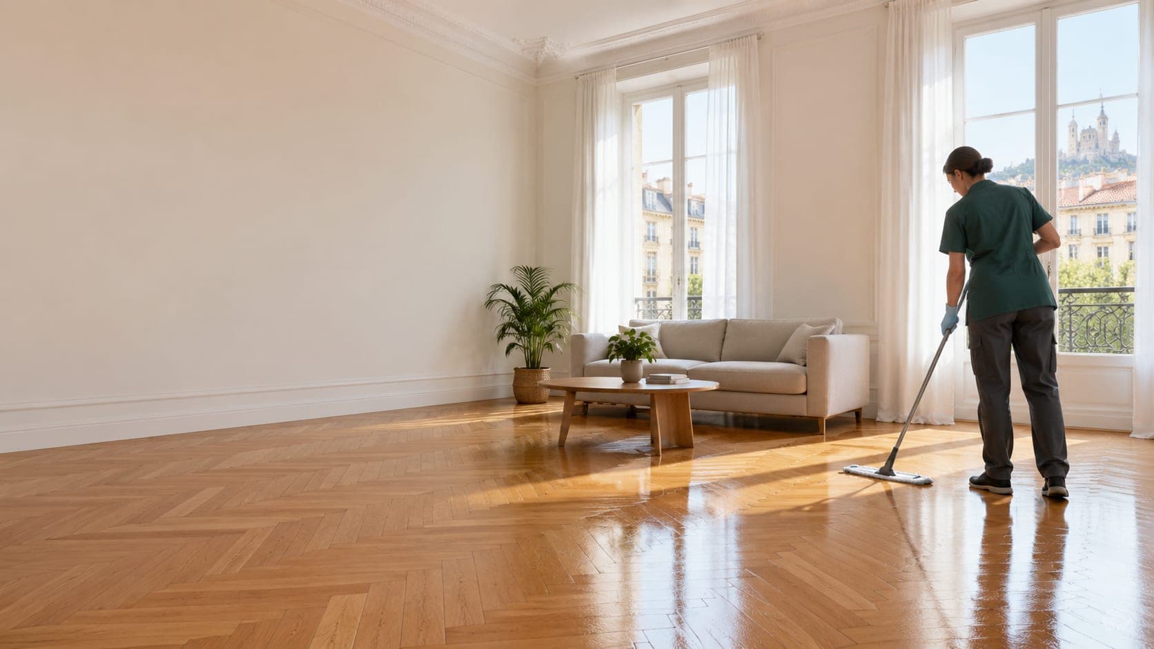 Une femme en tunique verte passe une serpillière plate sur le parquet en chevrons d'un grand salon clair aux hautes fenêtres