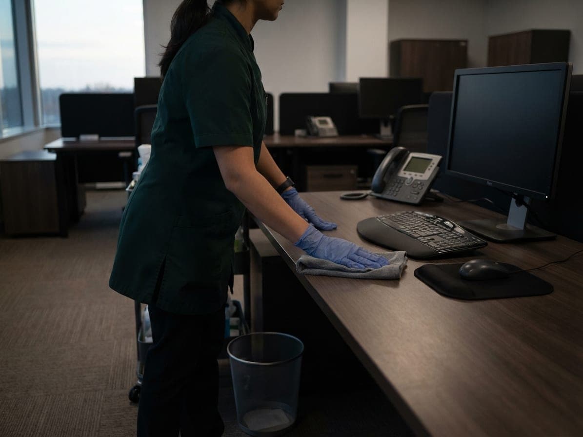 Mains gantées essuyant un bureau à côté d'un clavier et d'un écran éteint, corbeille vide au sol