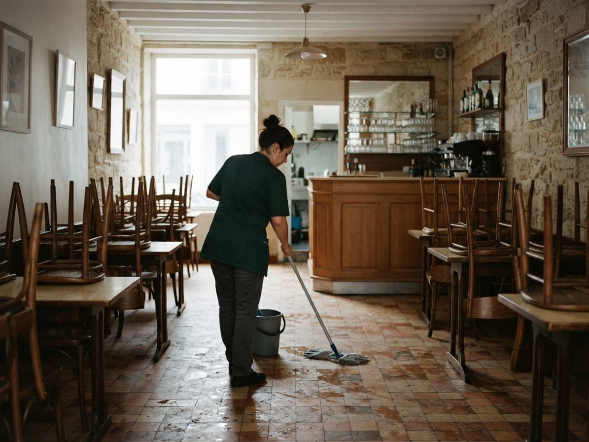 Une femme passe la serpillière sur le carrelage d'un petit café, chaises retournées sur les tables, comptoir au fond