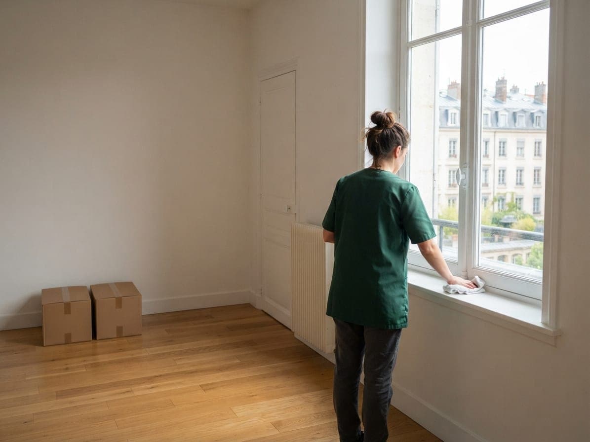 Une femme essuie le rebord de la fenêtre d'une pièce vide au parquet clair, deux cartons fermés dans un coin