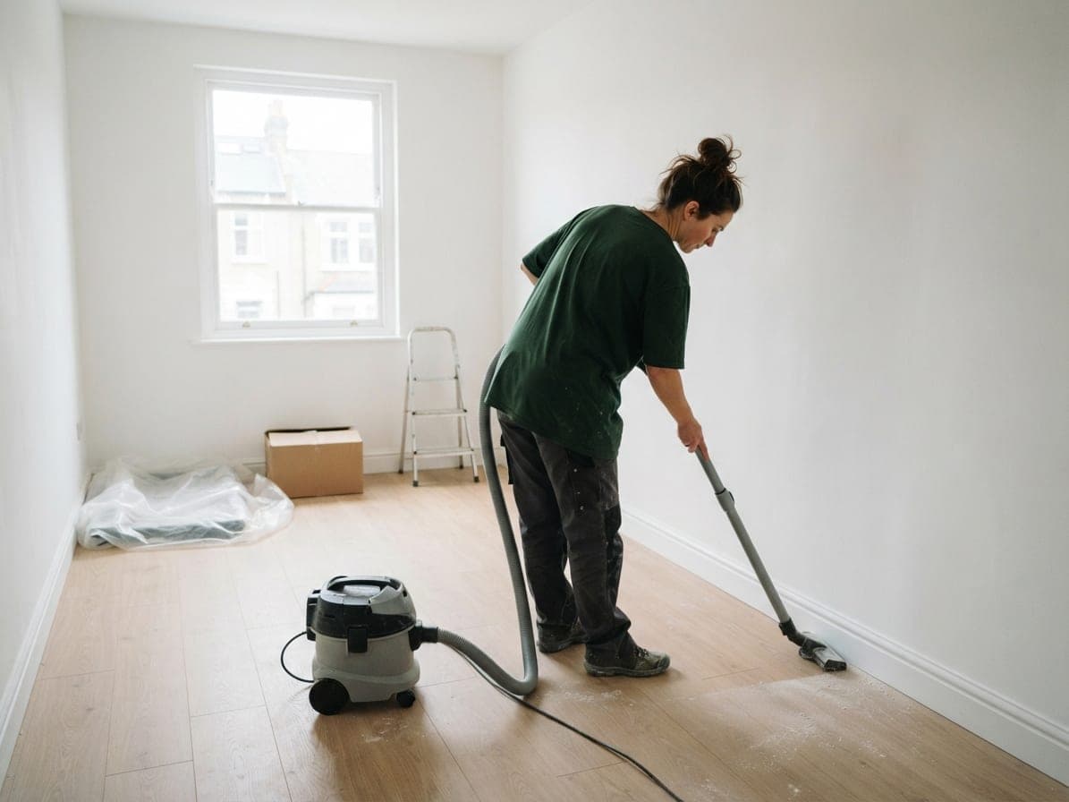 Une femme passe l'aspirateur sur la poussière de plâtre d'une pièce rénovée, murs blancs, bâche et échelle au fond