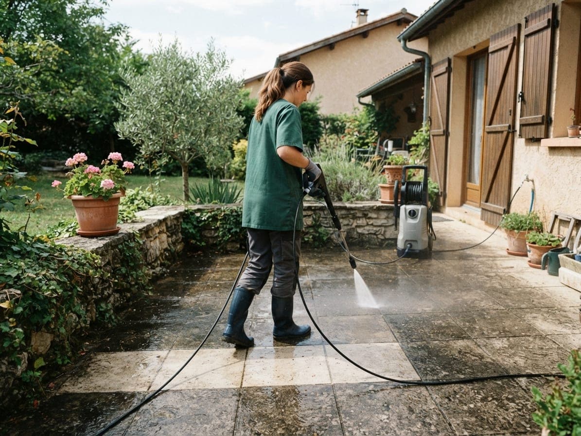 Une femme en bottes nettoie au nettoyeur haute pression les dalles d'une terrasse, la bande lavée bien plus claire
