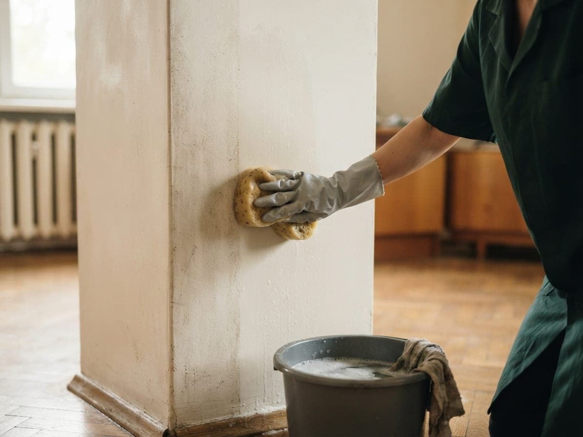 Une main gantée lessive à l'éponge un mur clair terni, un seau d'eau savonneuse posé au pied