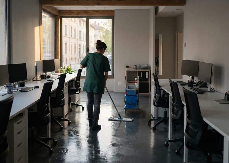 Une femme passe la serpillière entre les bureaux d'un petit open space, sol humide qui brille