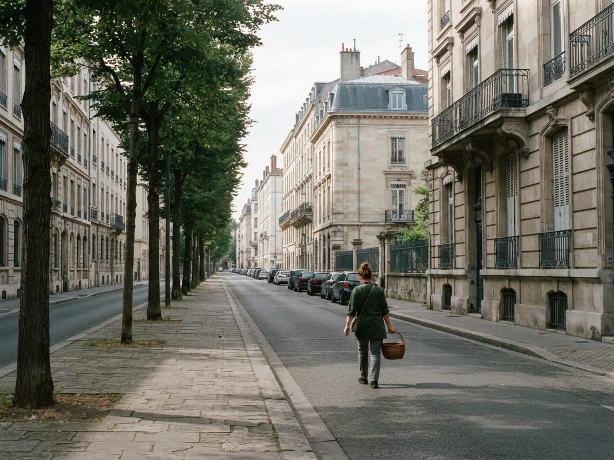 Une femme en tunique verte, panier à la main, marche dans une rue bordée d'immeubles en pierre claire et de platanes