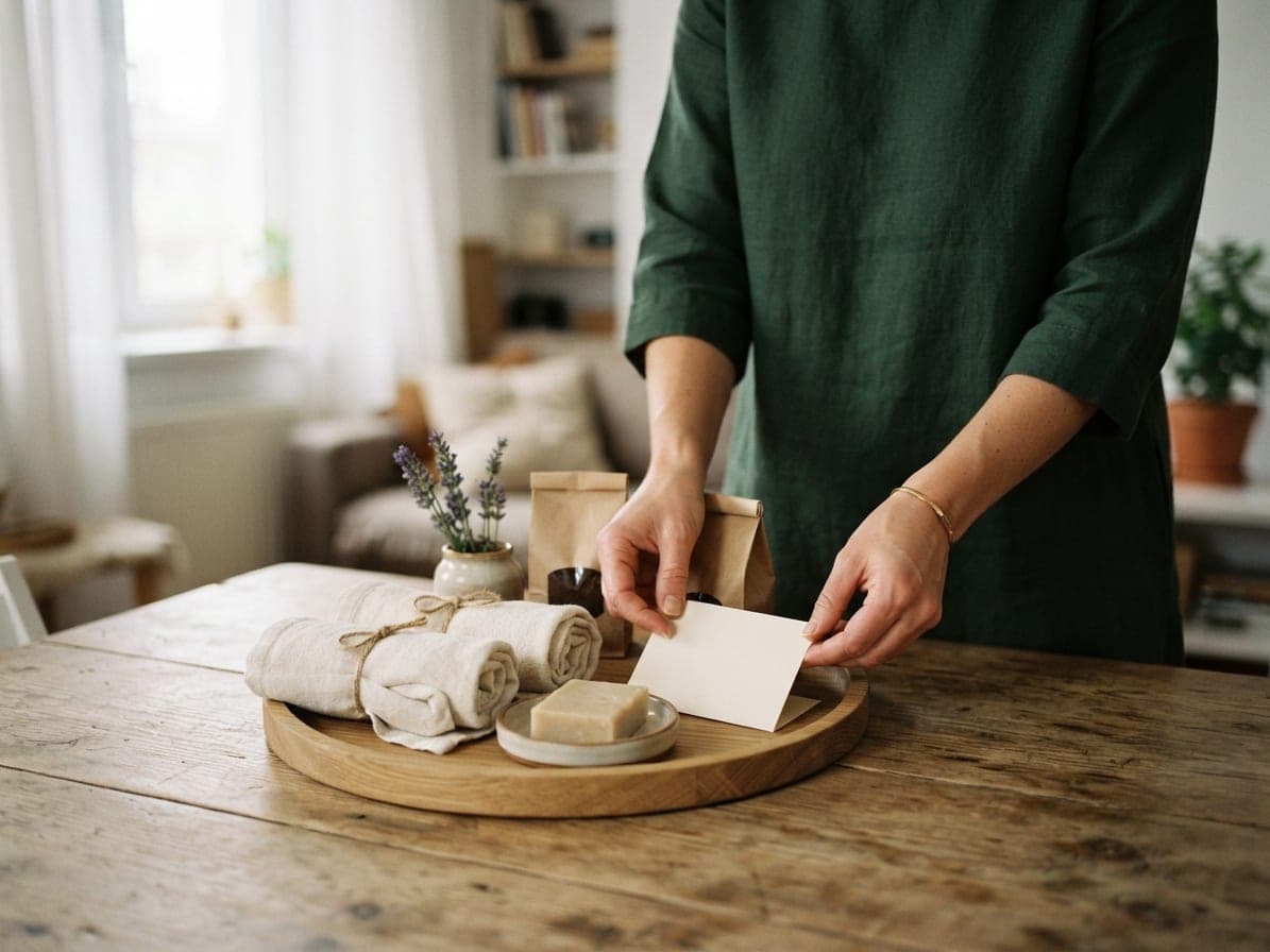 Mains posant un petit mot sur un plateau d'accueil : savon, serviettes roulées, sachets de café et brin de lavande