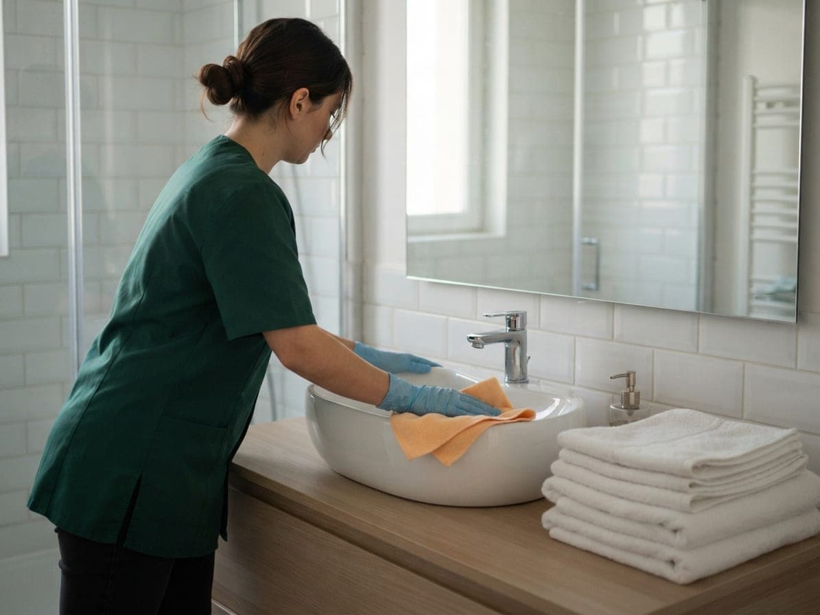 Une femme en tunique verte et gants essuie une vasque blanche avec un chiffon abricot, serviettes pliées à côté