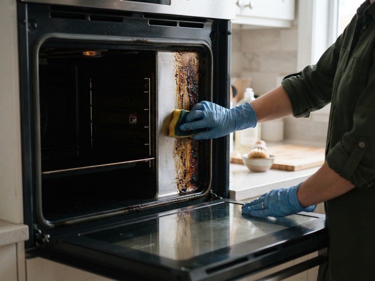 Mains gantées de bleu nettoyant l'intérieur d'un four, la moitié de la paroi encore brûlée et grasse