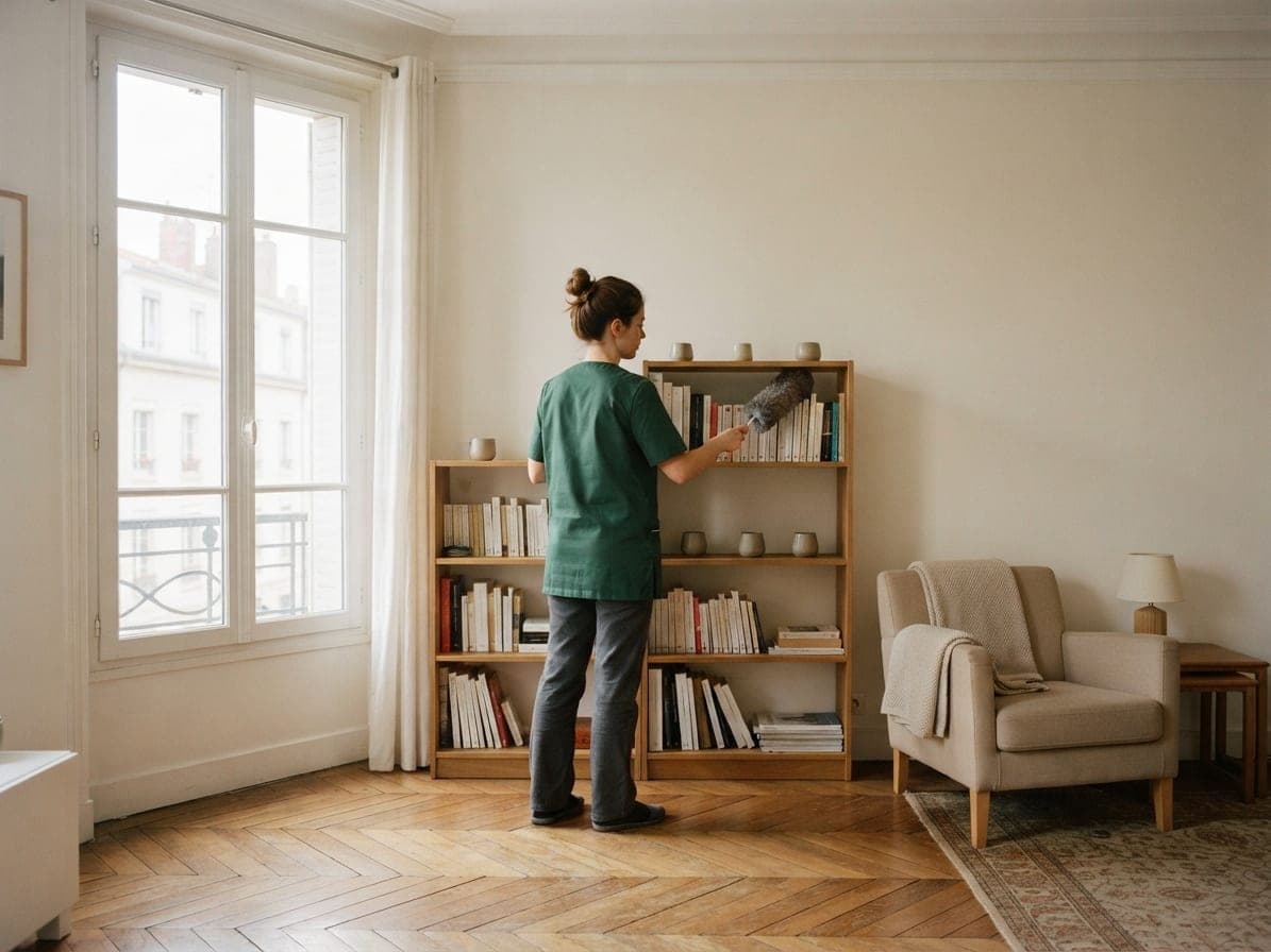 Une femme en tunique verte époussette une bibliothèque dans un séjour à parquet en point de Hongrie