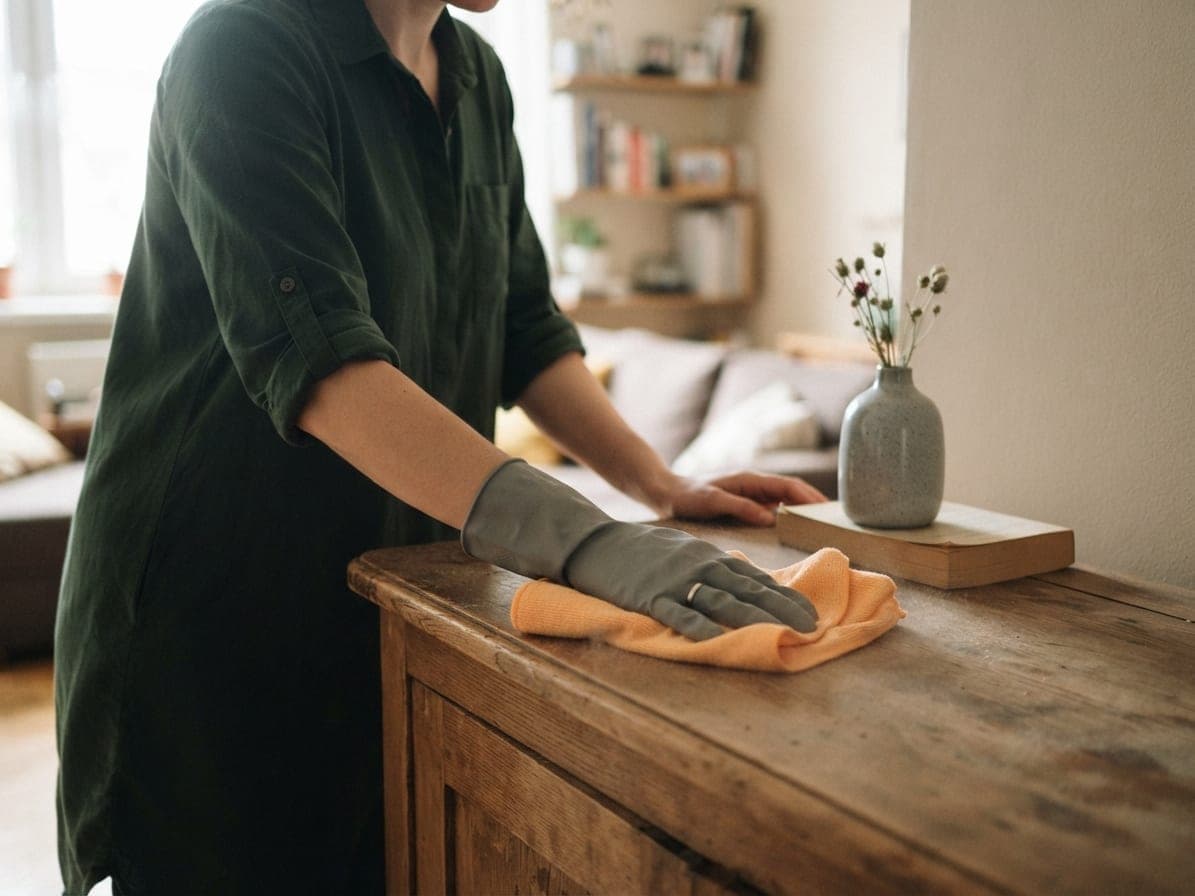 Mains gantées passant un chiffon abricot sur une commode en bois, vase et livre déplacés sur le côté