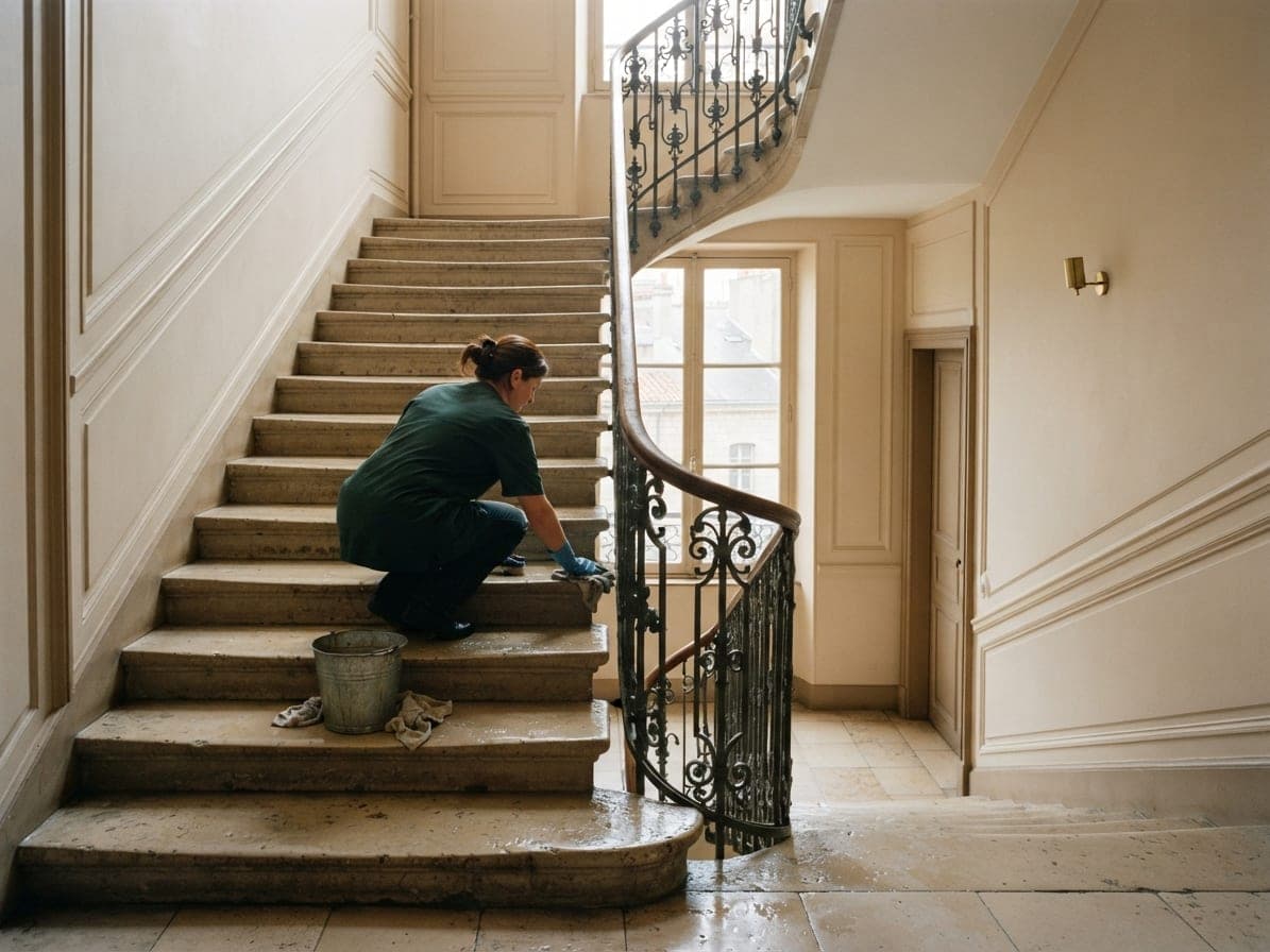 Une femme lave à genoux les marches de pierre d'un escalier ancien à rampe en fer forgé, seau à ses côtés